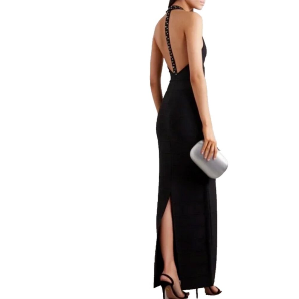 Herve Leger T Back Swarovski Crystal Embellished Bandage Halter Neck Gown